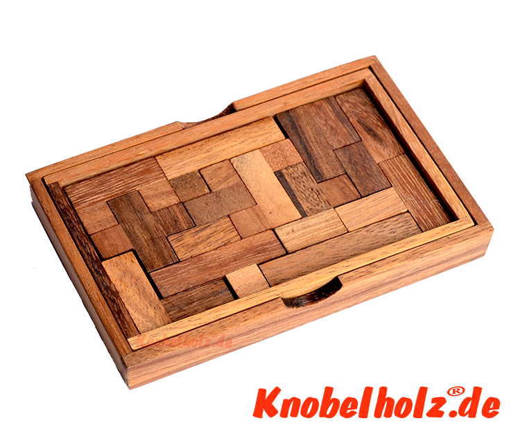 Yasumi Tetris Box aus Holz mit Pentominoes Puzzle Teilen zum knobeln in 2d und 3d Puzzle in Maßen 14,0 x  9,5 x 2,5 cm samanea Holzpuzzle, monkey pod