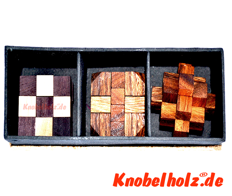 3 Holzpuzzle in Papierbox, Knobelbox zum verschenken mit 3 Puzzle aus Holz, Sammlung in Geschenkbox