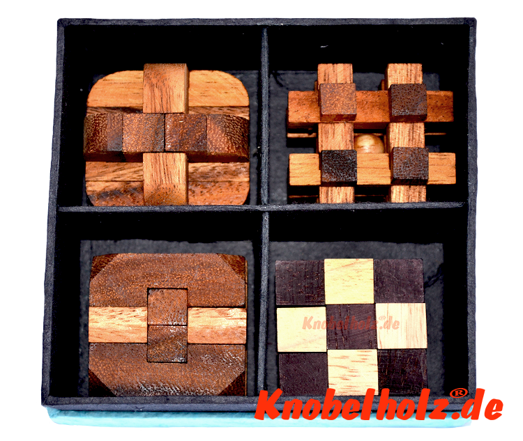Holzpuzzle Knobelbox als Spielesammlung mit 4 Knobelspielen in handmade Papierbox Crystal Cube, Snake Cube, Interlock Puzzle, Devils Knot, Teufelsknoten, Pen Up Puzzle, Brick Piuzzle