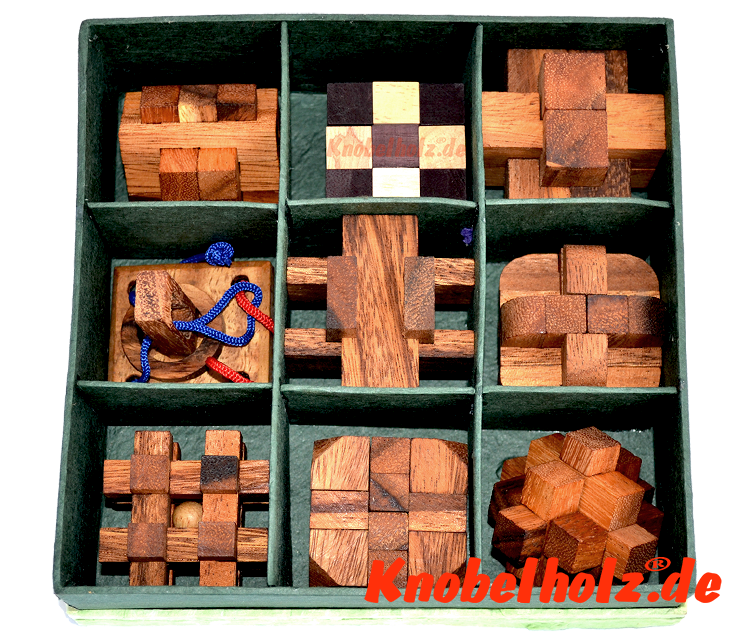 Knobelbox mit 9 Knobelspielen Holzpuzzle Sammlung, Knobelholz, logo play 
