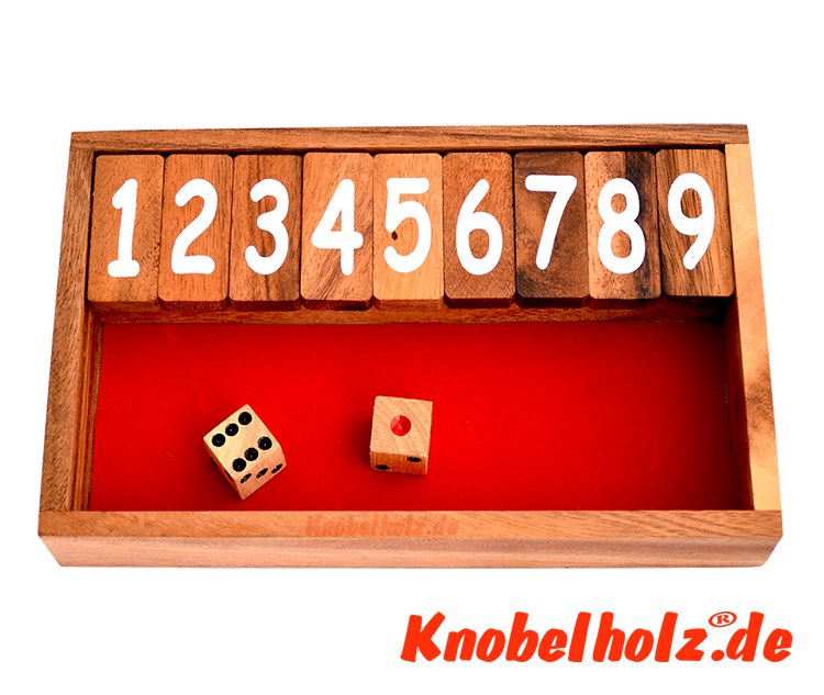 Shut the Box das Klappenspiel bis 9 als  Spielbox in Monkey Pod Holz, shut the box samanea wooden dice game