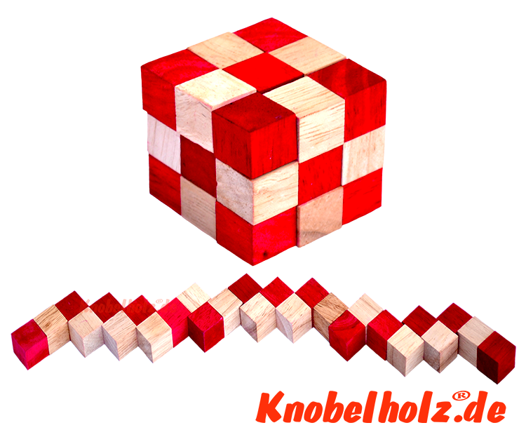 Snake Cube red der level box aus Holz, einer der 6Würfelschlangen aus der Snake Cube Levelbox Puzzle Sammlung in den Maßen 4,5 x  4,5 x 4,5 cm Cobra Cube Samanea Holz, Monkey Pod