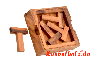 4 T Box geschicklichkeits Puzzle aus Holz in kleiner Holzbox in den Maßen 10,0 x 10,0 x 3,0 cm, monkey pod puzzle