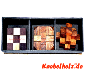 3 Holzpuzzle in Papierbox, Knobelbox zum verschenken mit 3 Puzzle aus Holz, Sammlung in Geschenkbox