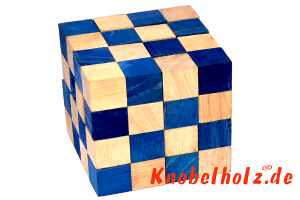 Cobra Würfel Snake Cube blau Schlangenwürfel 4x4x4 large 3D Puzzle für eine Person in den Maßen 8,0 x 8,0 x 8,0 cm, samanea wooden puzzle brain teaser