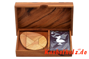 Ei Puzzle Box mit Karten Ei des Kolumbus Tangram aus Holz in den Maßen 18,5 x 14,3 x 3,5 cm, monkey pod puzzle