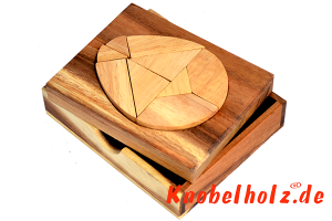 Ei Puzzle Box Ei des Kolumbus Tangram aus Holz in den Maßen 11,7 x 13,7 x 2,5 cm, monkey pod puzzle