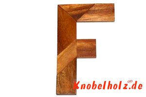 F Puzzle Buchstaben Holzpuzzle F Wooden Game Tangram mit 5 Holzteilen in den Maßen 7,6 x 6,8 x 2,0 cm, Monkey Pod brain teaser
