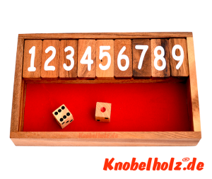 Shut the Box das Klappenspiel bis 9 als  Spielbox in Monkey Pod Holz, shut the box samanea wooden dice game