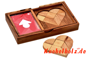 Heart Puzzle Battle Box mit Karten für das Herz Tangram Puzzle aus Holz in den Maßen 12,0 x 19,0 x 3,5 cm, monkey pod puzzle