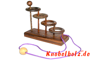 4 Ring Leiter Schnurpuzzle aus Holz und Standfuß bringe die Schnur aus den 4 Ringen herraus
