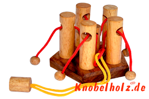 Pillar 5 Holz Schnurpuzzle Denkspiel Knobelaufgabe in den Maßen 10,0 x 10,5 x 8,5 cm, Samanea wood brain teaser